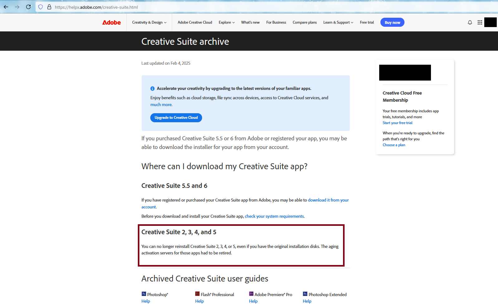 File:Adobe Creative Suite support page mentioning the shut down of the activation servers for many of its older versions..png