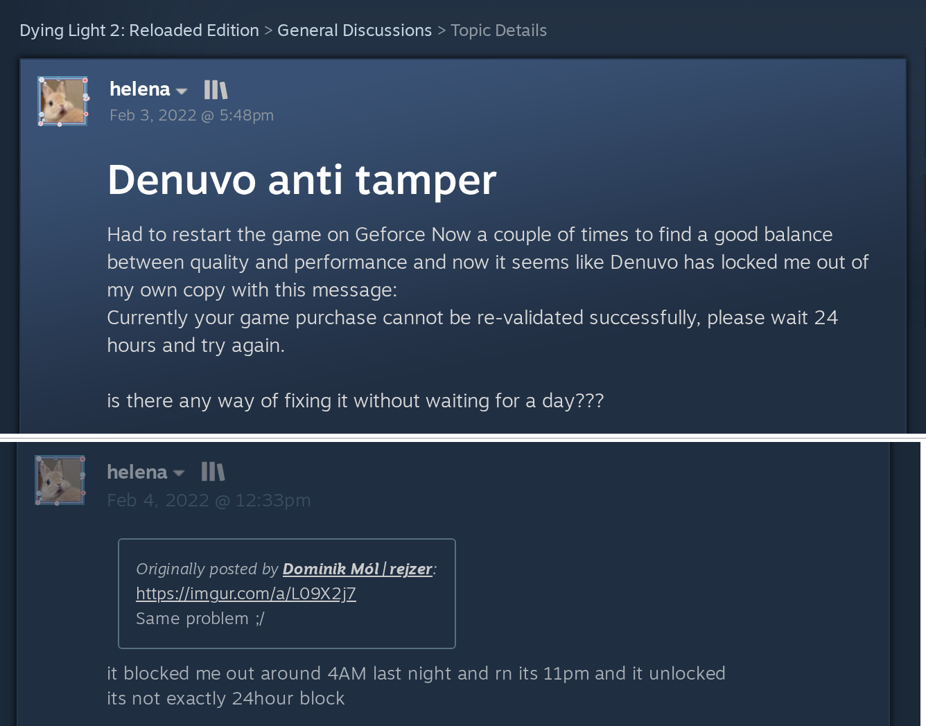 File:Dying Light 2 Denuvo lockout Steam post February 2022.png