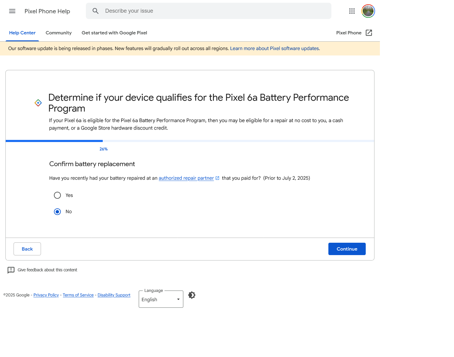 File:Pixel 6a support page for determining eligibility for program - previously replaced battery.png
