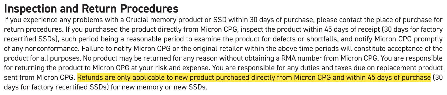 File:Crucial warranty refunds only direct purchases within 45 days.png