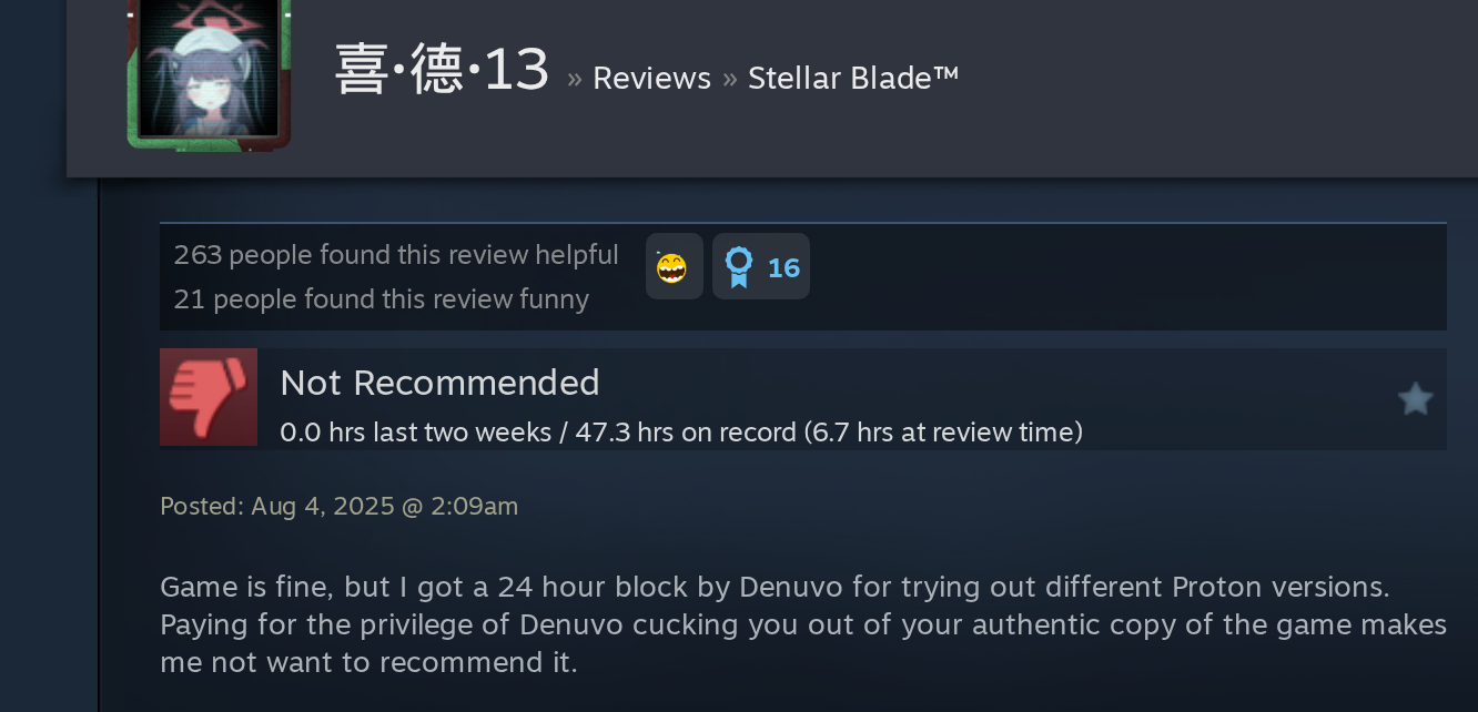 File:Stellar Blade Denuvo lockout Steam review August 2025.png