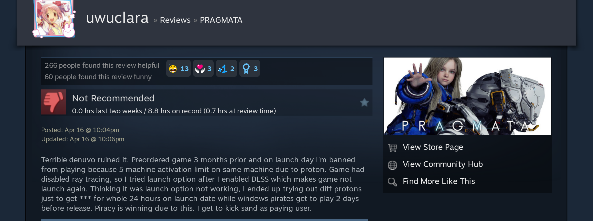 File:Pragmata Denuvo lockout Steam review uwuclara April 2026.png
