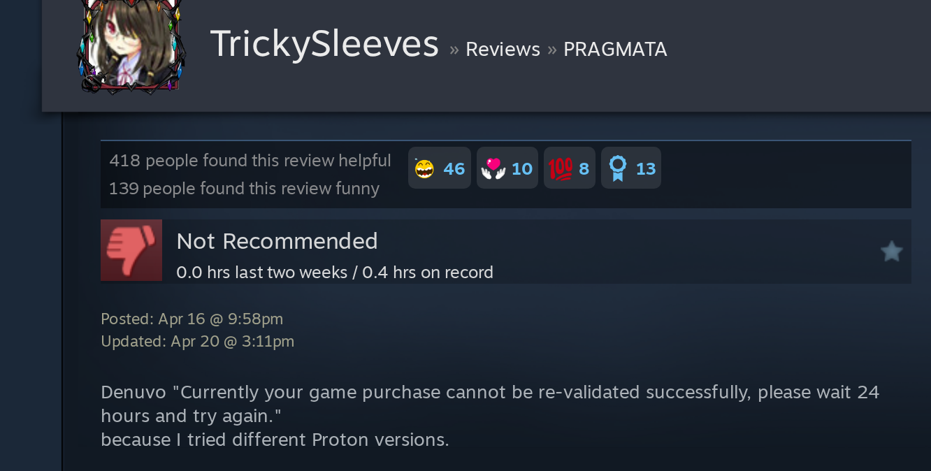 File:Pragmata Denuvo lockout Steam review TrickySleeves April 2026.png