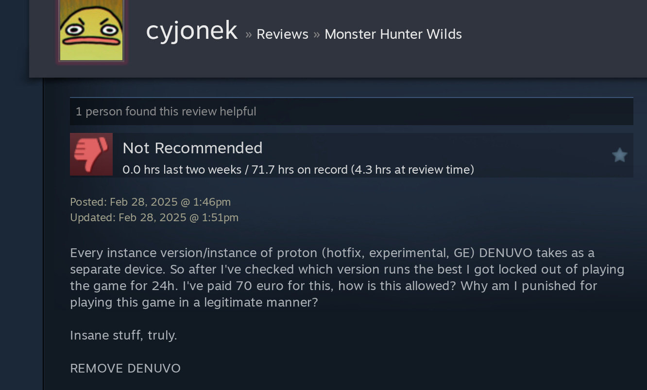 File:Monster Hunter Wilds Denuvo lockout Steam review February 2025.png