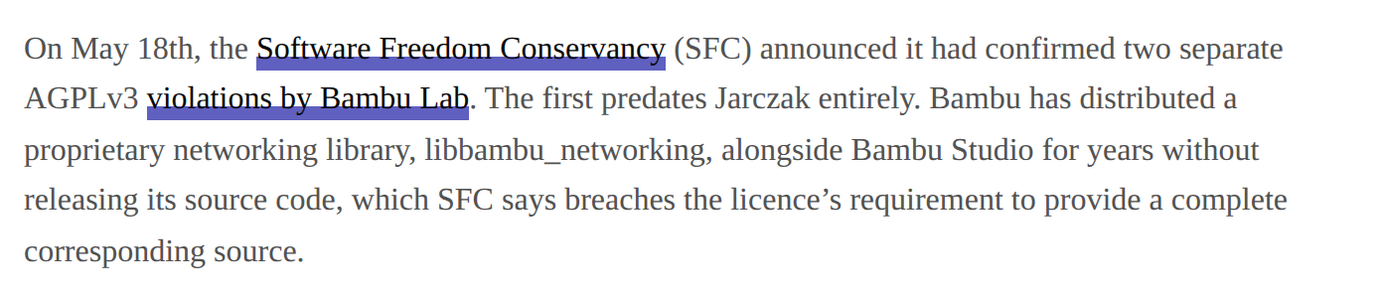 3D Printing Industry reported that on May 18, 2026 the Software Freedom Conservancy confirmed two separate AGPLv3 violations by Bambu Lab.[5]