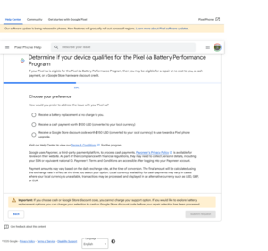 Screenshot of Google's Compensation Options for the Pixel 6a Battery Performance Program