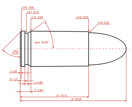 A CAD diagram showing the dimensions of a 9mm bullet including the shell with flared rim. Source [1]