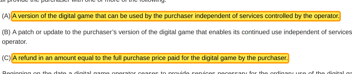 a playable version or a refund once services cease