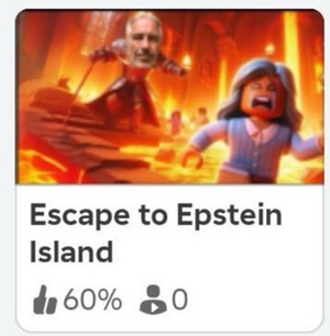A picture of a roblox game, with the name "Escape to Epstein Island"