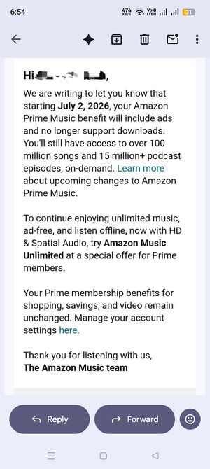 Amazon Prime Music email screenshot