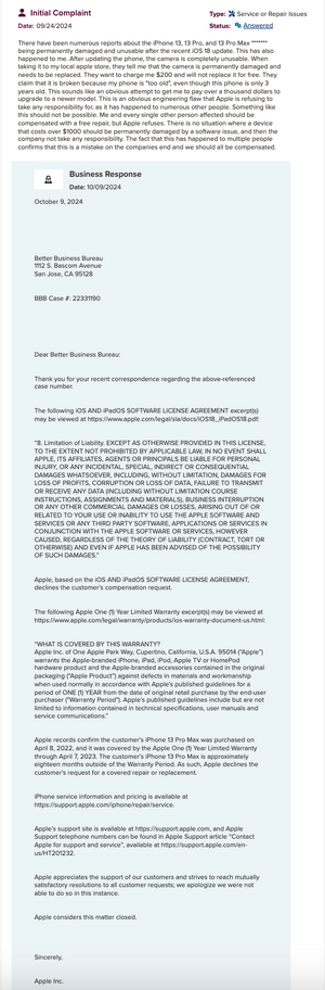 BBB Apple iPhone 13 complaint & response.png