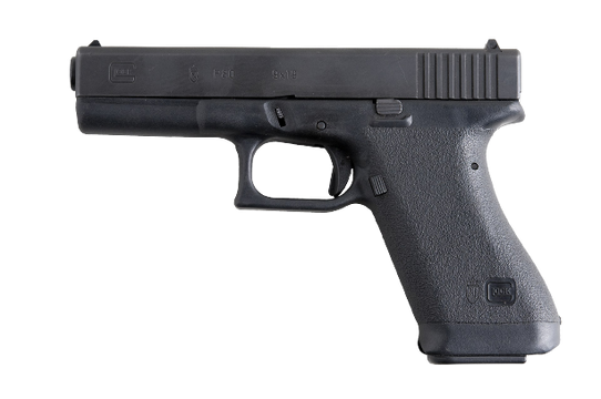 A Glock 17 pistol. The polymer frame carries the grip, trigger guard, and dust cover; it sets the grip angle, the trigger guard loop, and a hollow core. Source Wikimedia Commons (Asklid Antonsen, CC BY 2.0).
