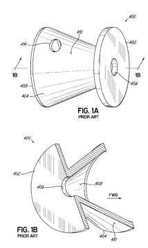 Figures 1A and 1B of a firearm sound suppressor baffle: a conical bell with a central aperture and a rear plate. US Patent 7,987,944, public domain.