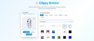 A screenshot of a web app that allows users to personalize their Clippy avatars. Users select from various images to overlay on a basic Clippy avatar.