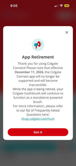 Colgate Connect shutdown screenshot.png