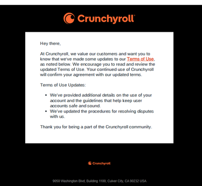 The email that Crunchyroll sent to its US-based users on 01-30-2025 notifying them of the change of the terms of conditions.