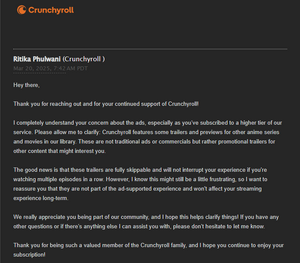 Crunchyroll support email response seeing ads despite subscription.png