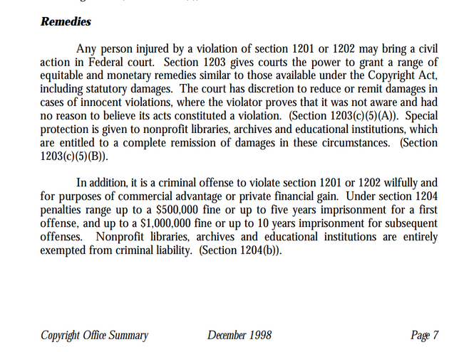 The remedies page: a first criminal violation of section 1201 carries up to a $500,000 fine and five years' imprisonment, doubling to $1,000,000 and ten years for a subsequent offense.[22]