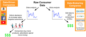A diagram which shows that raw consumer data is collected by software and hardware, then analyzed by data-driven companies and data-brokering companies. Data-driven companies use the results of their analyses to inform decisions to increase sales and help with targeted advertising. The result is that consumers buy more products and advertisers spend more money. Data-brokering companies use the results of their analyses to figure out which companies/entities they can sell the data to, who might want them. This includes data-driven companies. The profits from either path are generated at the expense of people's privacy.