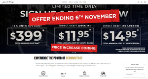 screenshot of Derrimut gym website from november 2024 listing 24/7 access with no qualifiers. note the mention of a sale, as well