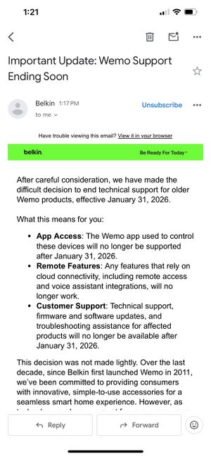 Email from Belkin about Wemo shutdown