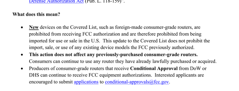 The FCC's fact sheet for the March 23, 2026 Covered List update states that the action does not affect any previously-purchased consumer-grade routers and that consumers can keep using any router they have already lawfully purchased.[1]