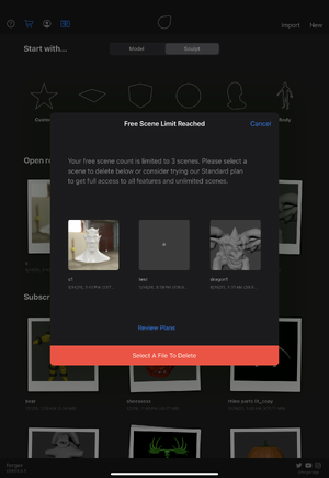 This image depicts a screenshot of a "Scene Limit Warning" from the Forger App (v2025.0.1) - taken on 5/14/2026. It displays the text "Your free scene count is limited to 3 scenes. Please select a scene to delete below or consider trying our Standard plan to get full access to all features and unlimited scenes." and offers 3 files for the user to delete or the option to "review plans"
