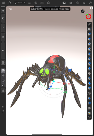 This image depicts a screenshot of a "subscriber file" from the Forger App (v2025.0.1) - taken on 5/14/2026. Displayed is an example scene from a Forger User File. The scene features a 3D sculpt of a non-realistic spider. At the top of the scene a warning is displayed with the following text "Subscriber file - cannot be saved in Free mode"