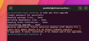 Running apt update in the terminal shows an ad for Ubuntu Pro