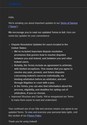 Forced arbitration notice sent out to Indeed users