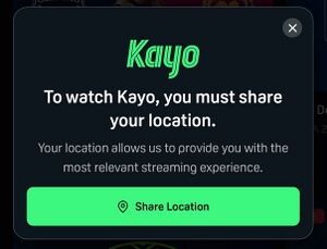 A pop-up displayed on the Kayo Sports web player which requires the user to share location before streaming is allowed