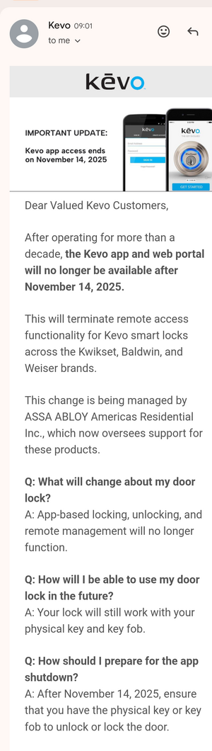 Kevo discontinuation email.png