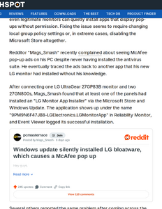 TechSpot reported the installed app appears under the name "9PM9N6F47JB8-LGElectronics.LGMonitorApp" in Reliability Monitor after a user traced McAfee pop-ups to a newly connected LG monitor.[1]