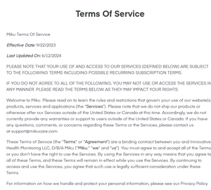 A Snippet of Miku's Terms of Service page Captured Aug 16, 2025.