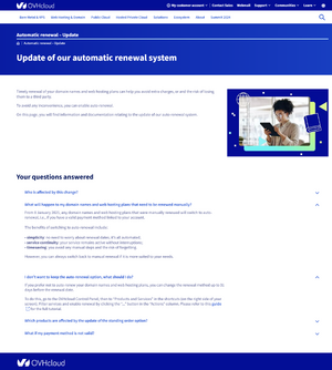 Screenshot of OVHcloud support page explaining the update to the auto-renewal system.