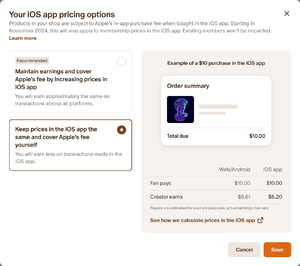 Patreon iOS app pricing options - absorb fee.png