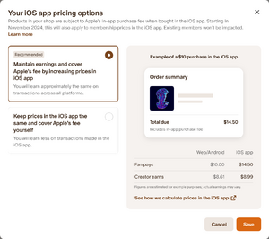 Patreon iOS app pricing options - fee on top.png
