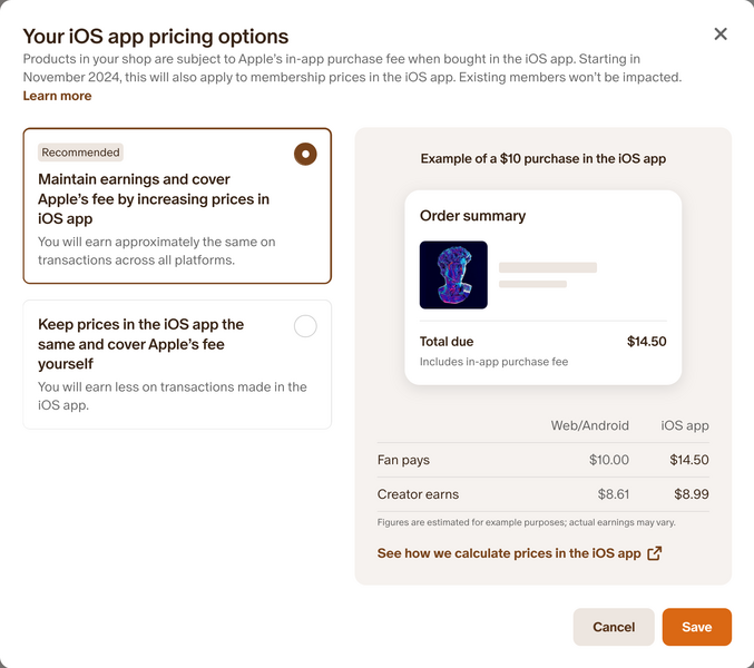 "Maintain earnings and cover Apple's fee by increasing prices in iOS app" (Recommended)