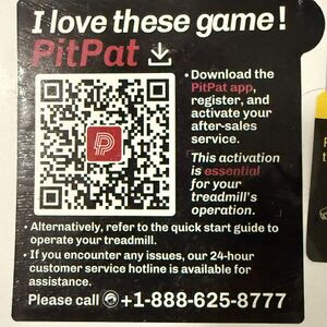 A warning sticker with large QR code and text saying that the workout tracking app, PitPat, is essential for treadmill operation.