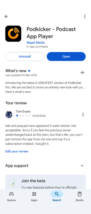 Example review of Podkicker Pro, 14th March.