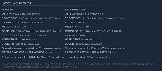 The current Steam page for Rocksmith 2014 Learn and Play lists "Windows Vista, Windows 8" as the only operating system, with no macOS tab.[5]