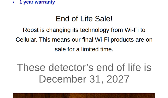 Roost's own online store listed the detector under an End of Life Sale and stated its end of life is December 31, 2027.[2]