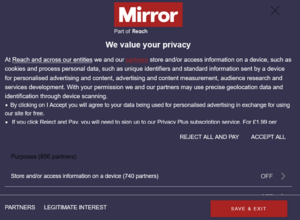 Picture of The Mirror's privacy settings when you go to their website, showing a 'partners' section that tells you who they share your data with. (taken 15 August 2025)