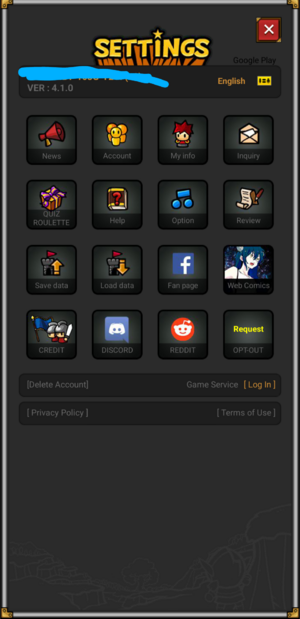 Screenshot of the settings menu highlighting the inclusion of a discord icon which links to a community made discord of the game