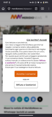 Screenshot of MeridioNews' consent-or-pay policy viewed on a mobile browser. (written in Italian)
