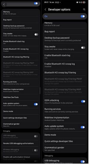 OEM Unlock is missing in One UI 8.5 (left)