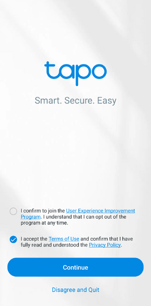 Tapo app opening screen checkbox selected.png