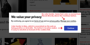 The message that appears on user's visit to the website. Cookie management is located closely above the bright Continue button.