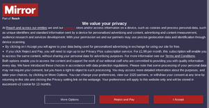 The Mirror Cookie Disclosure Notice containing text "We have introduced these choices in accordance with data protection regulations."