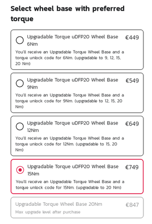 VRS uDPF20 Product purchase page showing "You'll receive an Upgradable Torque Wheel Base and a torque unlock code for (X)Nm. (upgradable to 9, 12, 15, 20 Nm)"